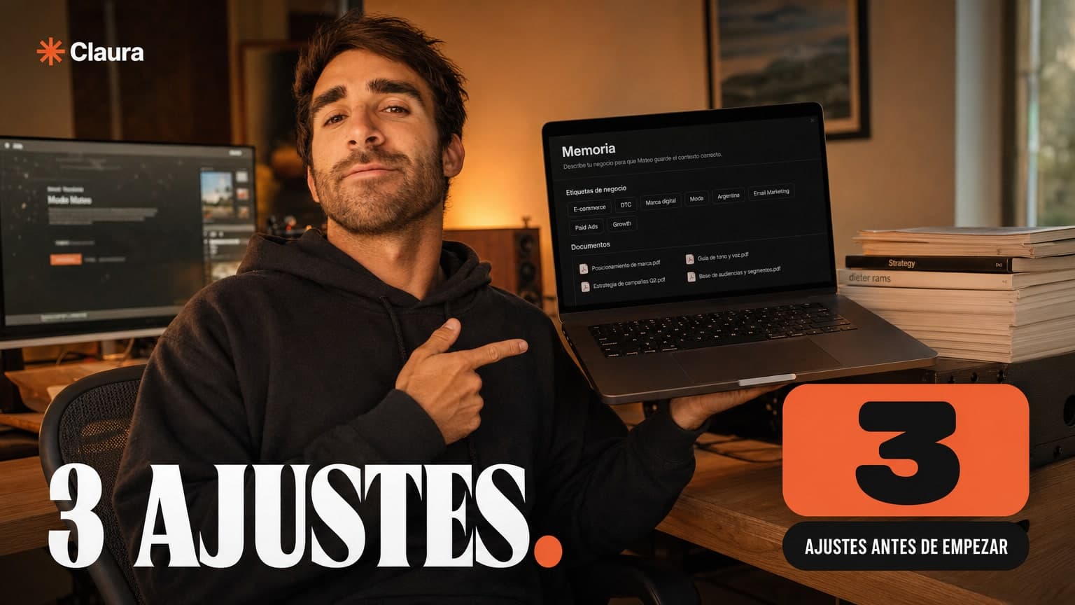 Mateo Caño en un escritorio de creador mostrando en pantalla el panel de Memoria de Claude activado para un negocio.