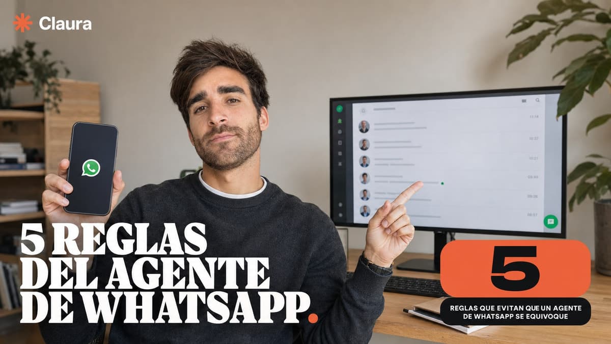 Mateo Caño con el celular en la mano junto a un monitor que muestra una lista numerada de 5 reglas para un agente de WhatsApp