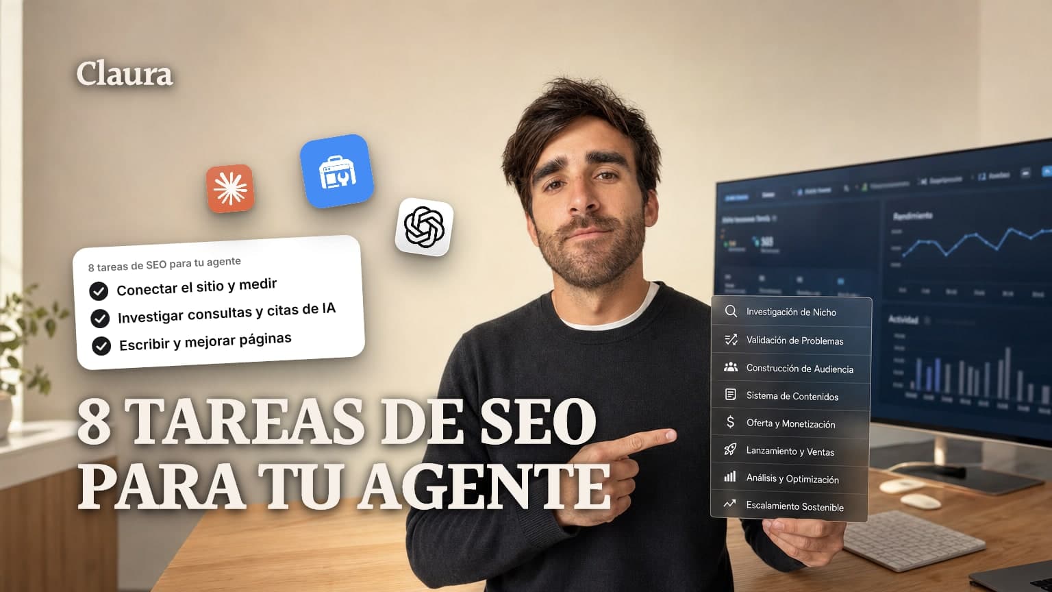 Mateo Caño señalando un panel con ocho tareas de SEO organizadas para un agente de IA