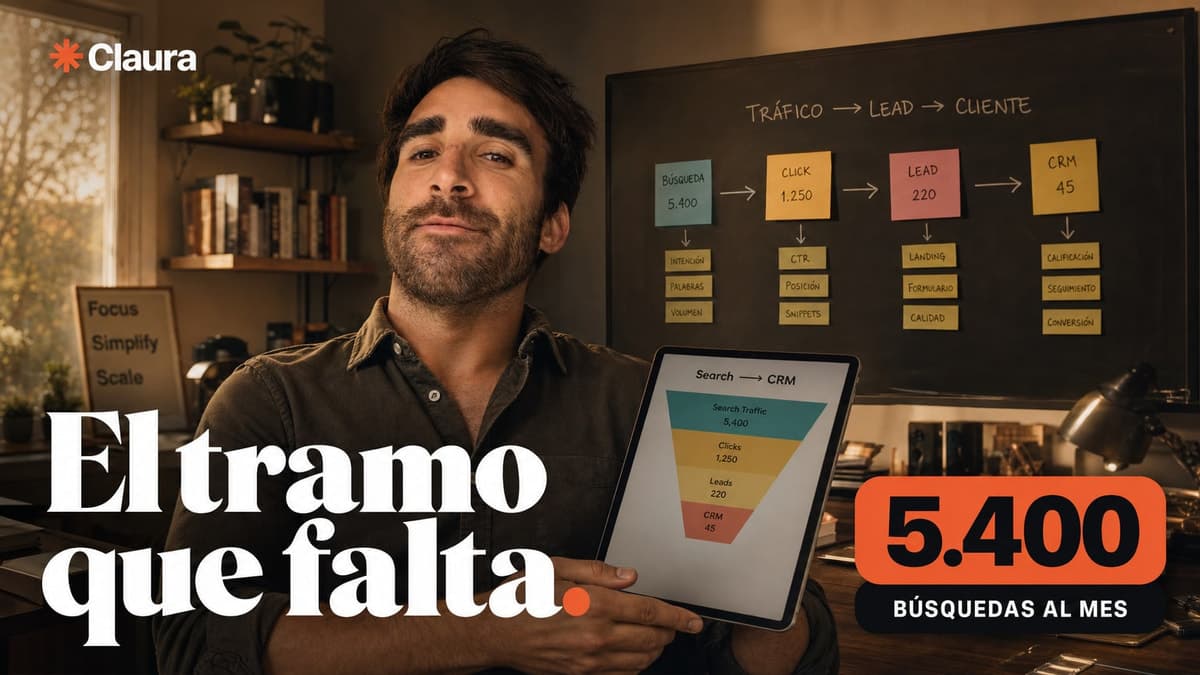 Mateo sosteniendo una tablet con un embudo de la búsqueda al CRM, frente a un pizarrón con el recorrido de tráfico a lead y a cliente