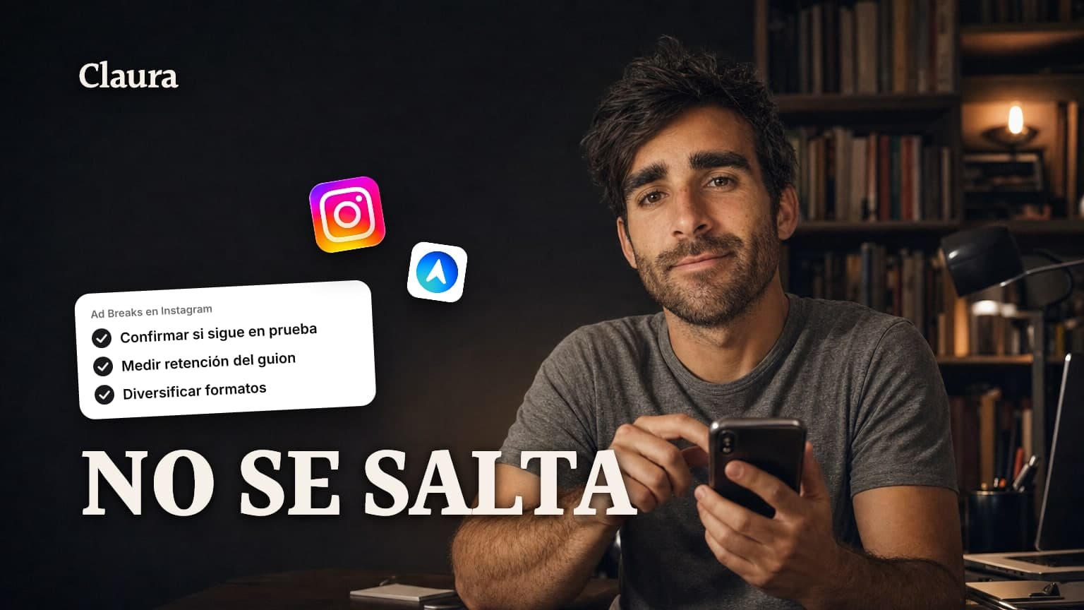 Mateo mirando su teléfono con el dedo detenido en la pantalla sobre un anuncio que no deja scrollear