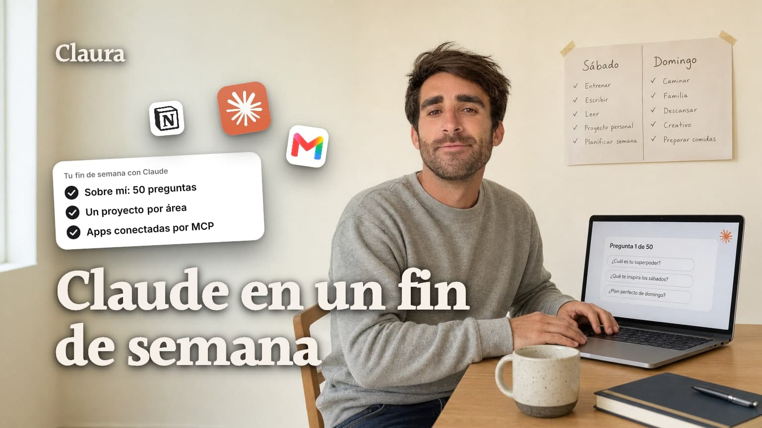 Mateo Caño en su escritorio respondiendo en la laptop las preguntas de Claude para armar su documento sobre mí, con un plan de fin de semana pegado al costado.