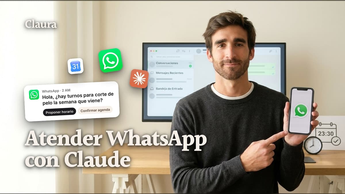 Mateo Caño con el celular en la mano mostrando un chat de WhatsApp, junto a un ícono de reloj marcando una hora tarde y un ícono de calendario con un check flotando al lado del monitor