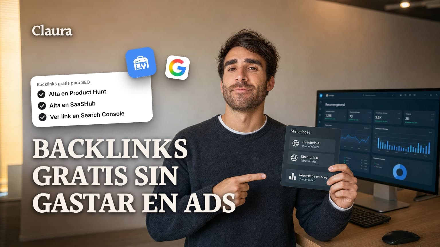 Mateo Caño señalando un panel con dos directorios de producto y el informe de enlaces de Search Console