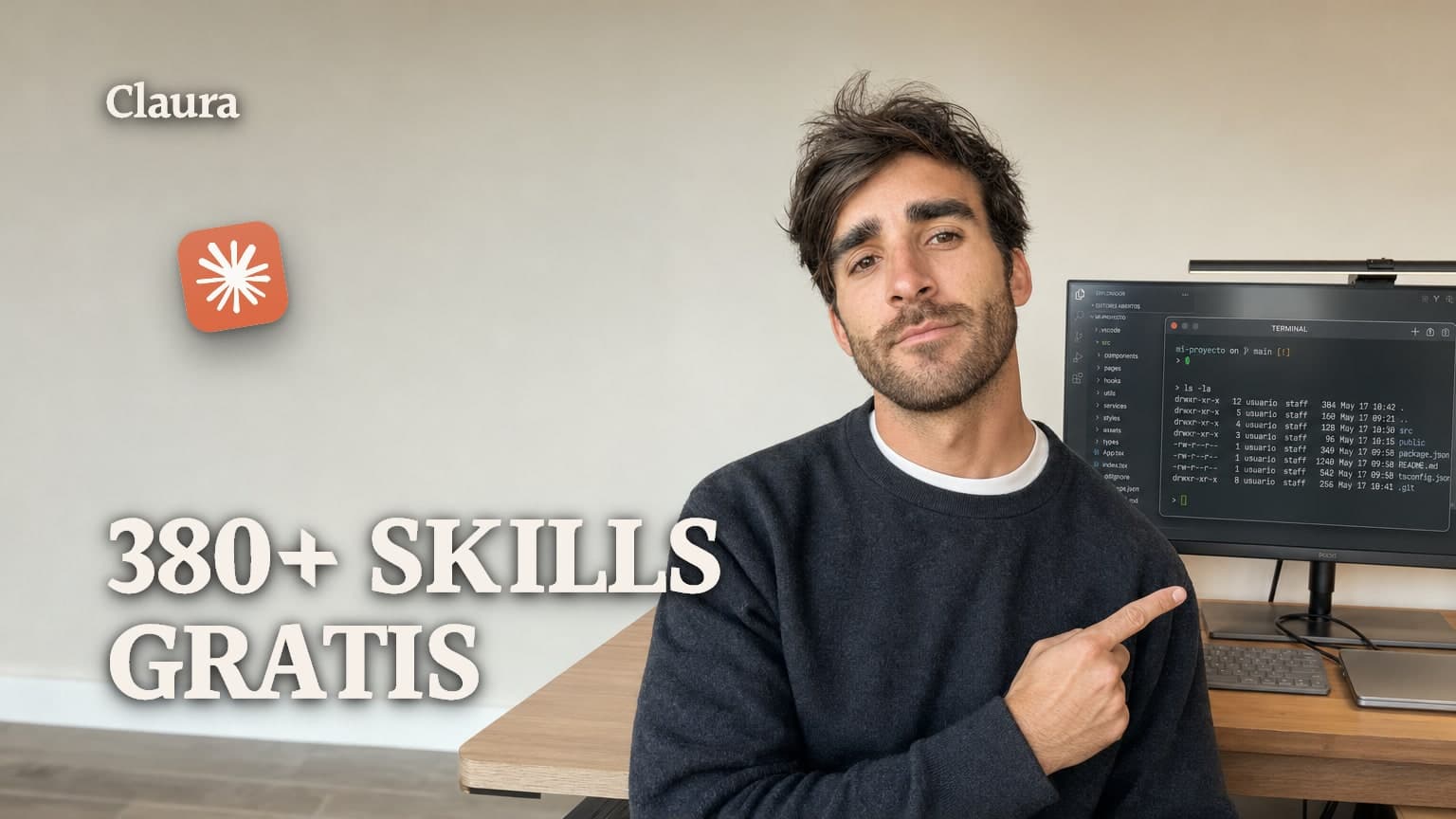 Mateo Caño señalando una terminal con una biblioteca de carpetas de skills de Claude Code