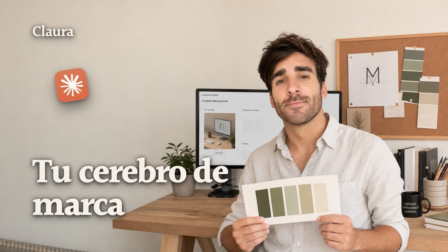 Mateo Caño en su estudio, sosteniendo una hoja con la paleta de colores de una marca junto a un monitor con un proyecto de Claude abierto