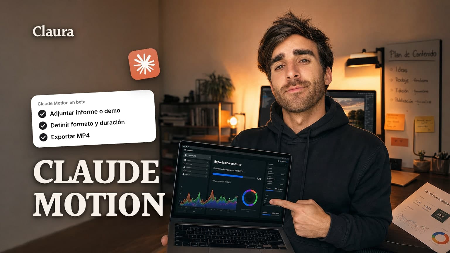 Mateo Caño en un escritorio de creador mostrando en pantalla una animación generada con Claude Motion a partir de un informe.