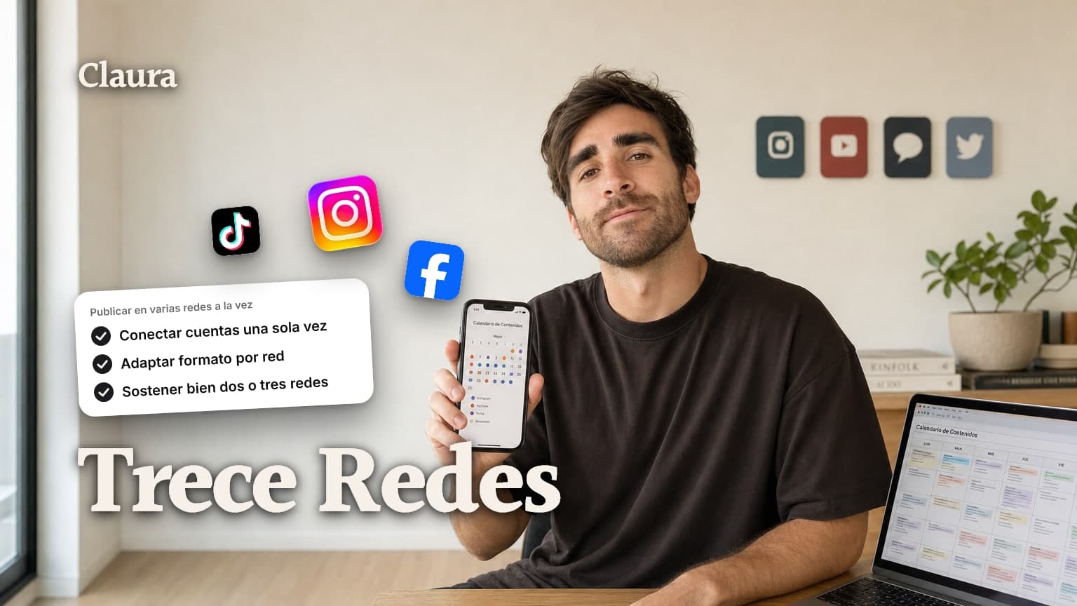 Mateo Caño con el celular en la mano frente a un calendario de contenido con publicaciones repartidas en varias redes sociales