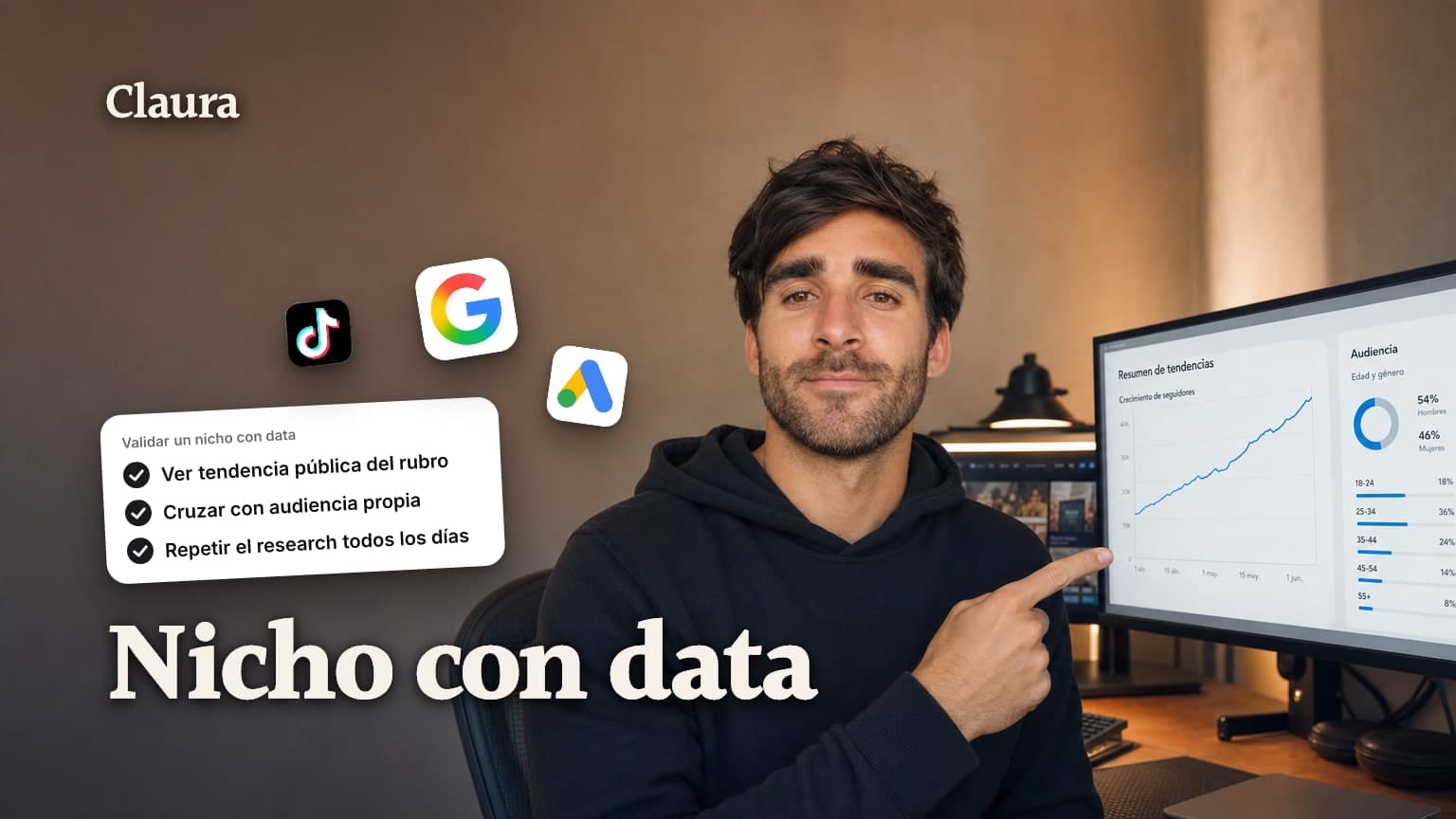 Mateo en su estudio señalando dos pantallas: una con un mapa de tendencias y otra con un perfil de audiencia, un cartel con el número 3 de señales al lado