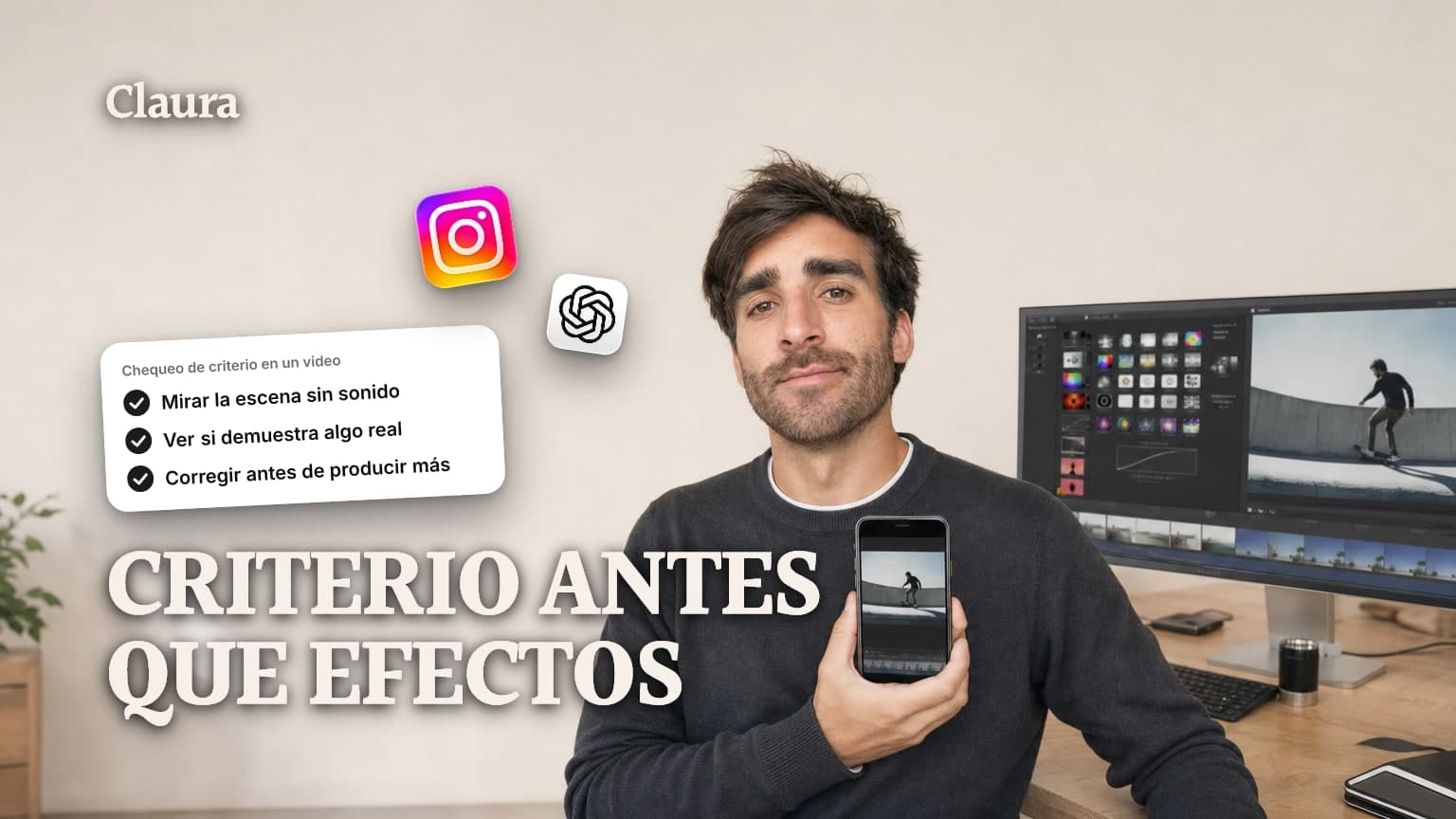 Mateo Caño con el celular en una mano frente a un monitor dividido en dos: un lado con iconos de efectos y el otro con una escena simple