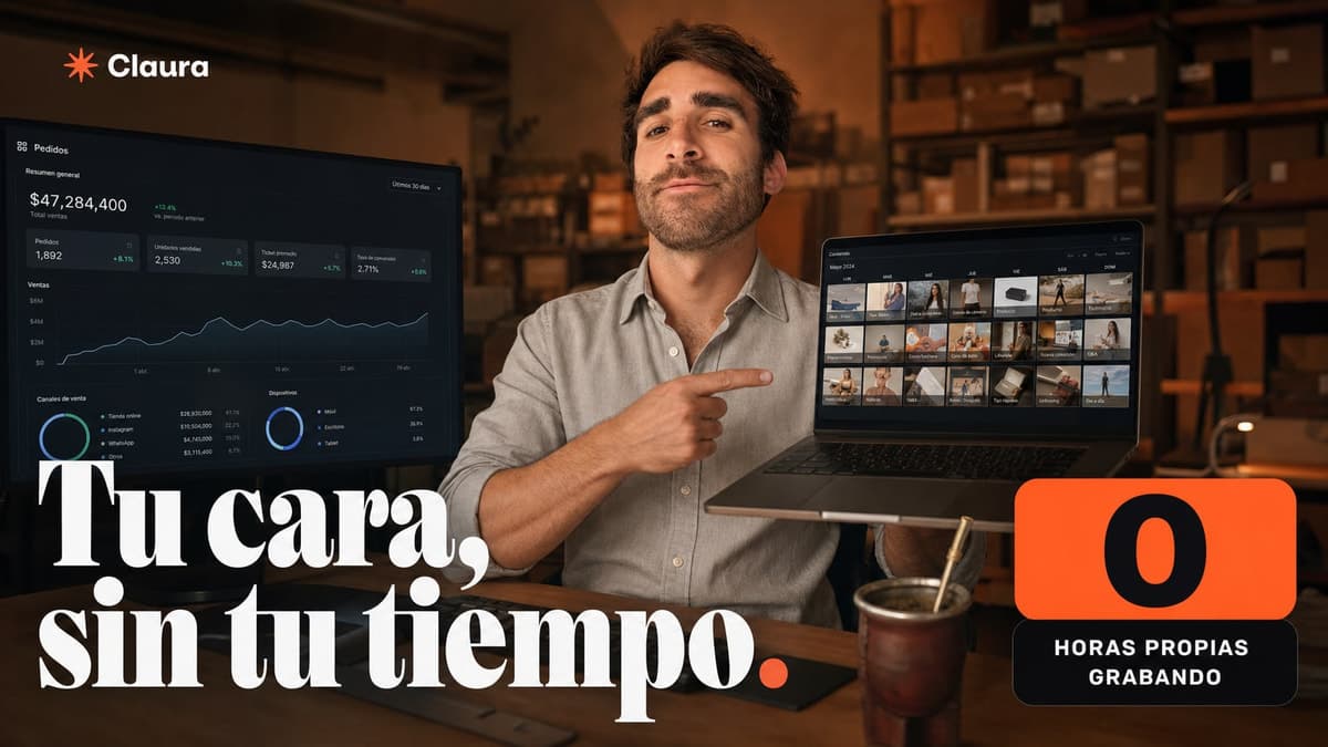 Mateo señalando una pantalla con piezas de contenido de marca personal generadas junto a un panel de ventas de tiendas online