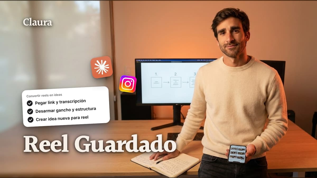 Mateo en su estudio con el celular en una mano mostrando una carpeta de reels guardados y la otra apoyada en una libreta con una idea de video nueva escrita