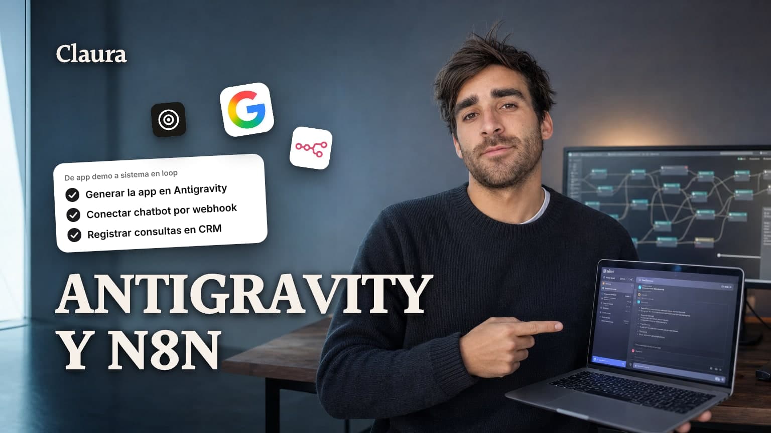 Mateo Caño frente a dos monitores, uno con una app de recetas y otro con un flujo de automatización conectado por un webhook