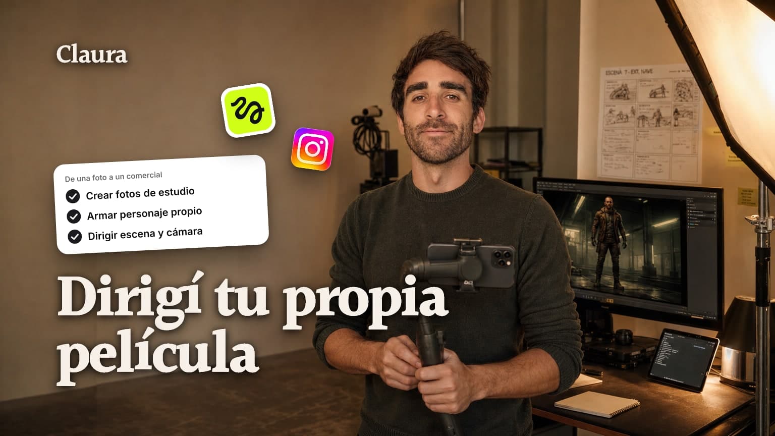 Mateo en un set de filmación casero dirigiendo una escena con un celular en mano y un monitor con un personaje generado por IA