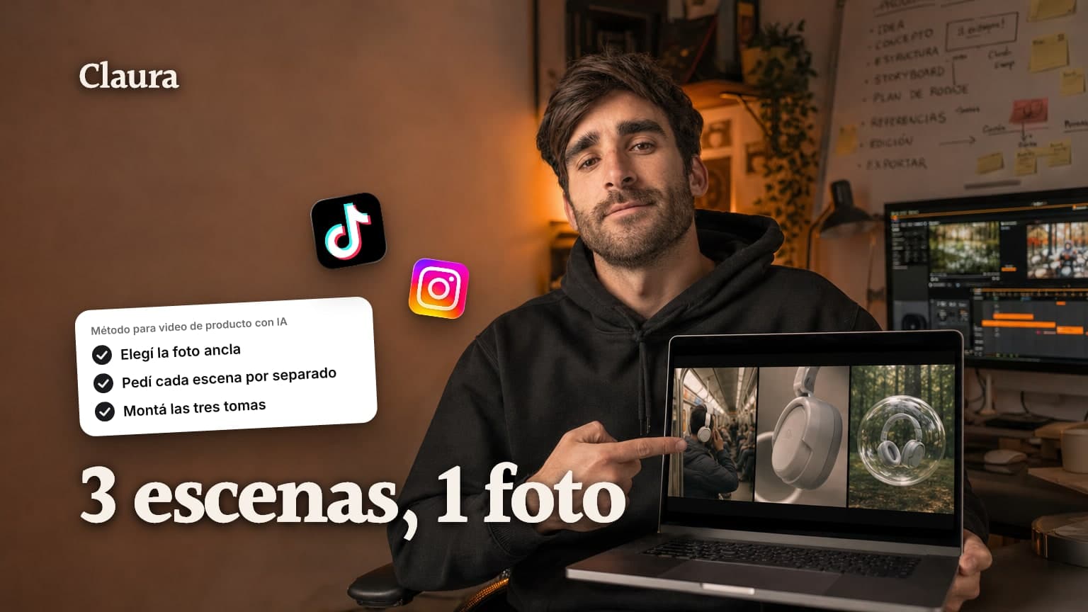 Mateo Caño mostrando en pantalla tres escenas de un video publicitario de AirPods Max generadas a partir de una sola foto de catálogo.
