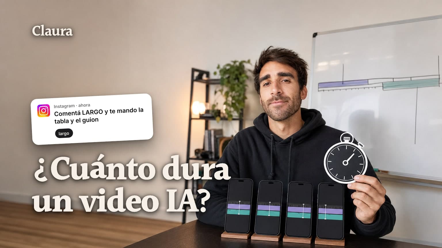 Mateo Caño sentado en un escritorio de estudio con cuatro pantallas mostrando cada una una app de video con IA distinta y un gráfico de cronómetro flotando al lado.