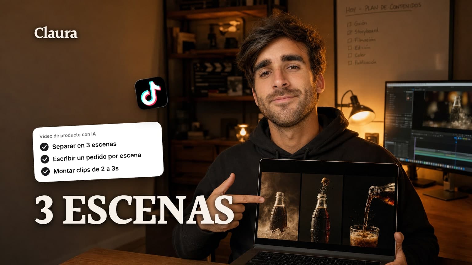 Mateo Caño en su escritorio mostrando en pantalla tres escenas de un video de producto generadas a partir de una sola foto de catálogo.