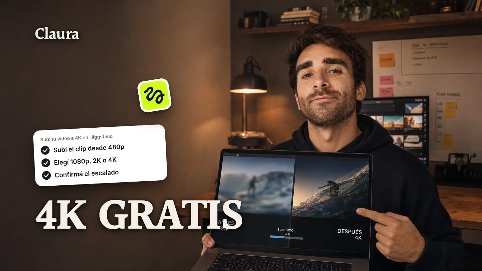 Mateo Caño en un escritorio de creador mostrando en pantalla un video subido de calidad estándar a 4K con el FLUX 3 Upscaler de Higgsfield.