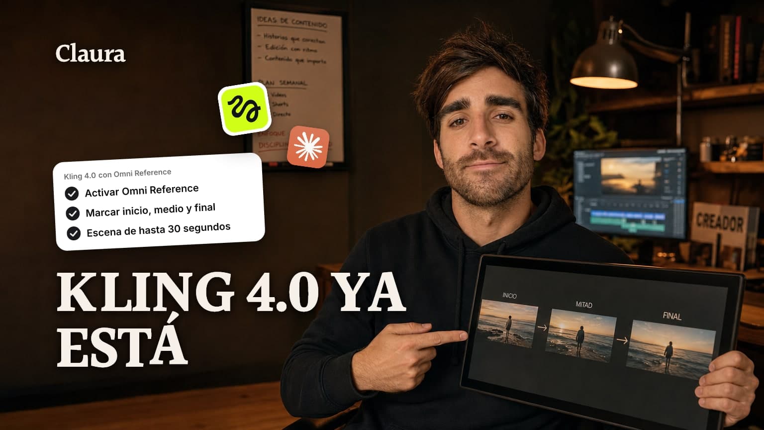 Mateo Caño en un escritorio de creador mostrando en pantalla tres frames de una escena de video generada con IA, marcados como inicio, medio y final.