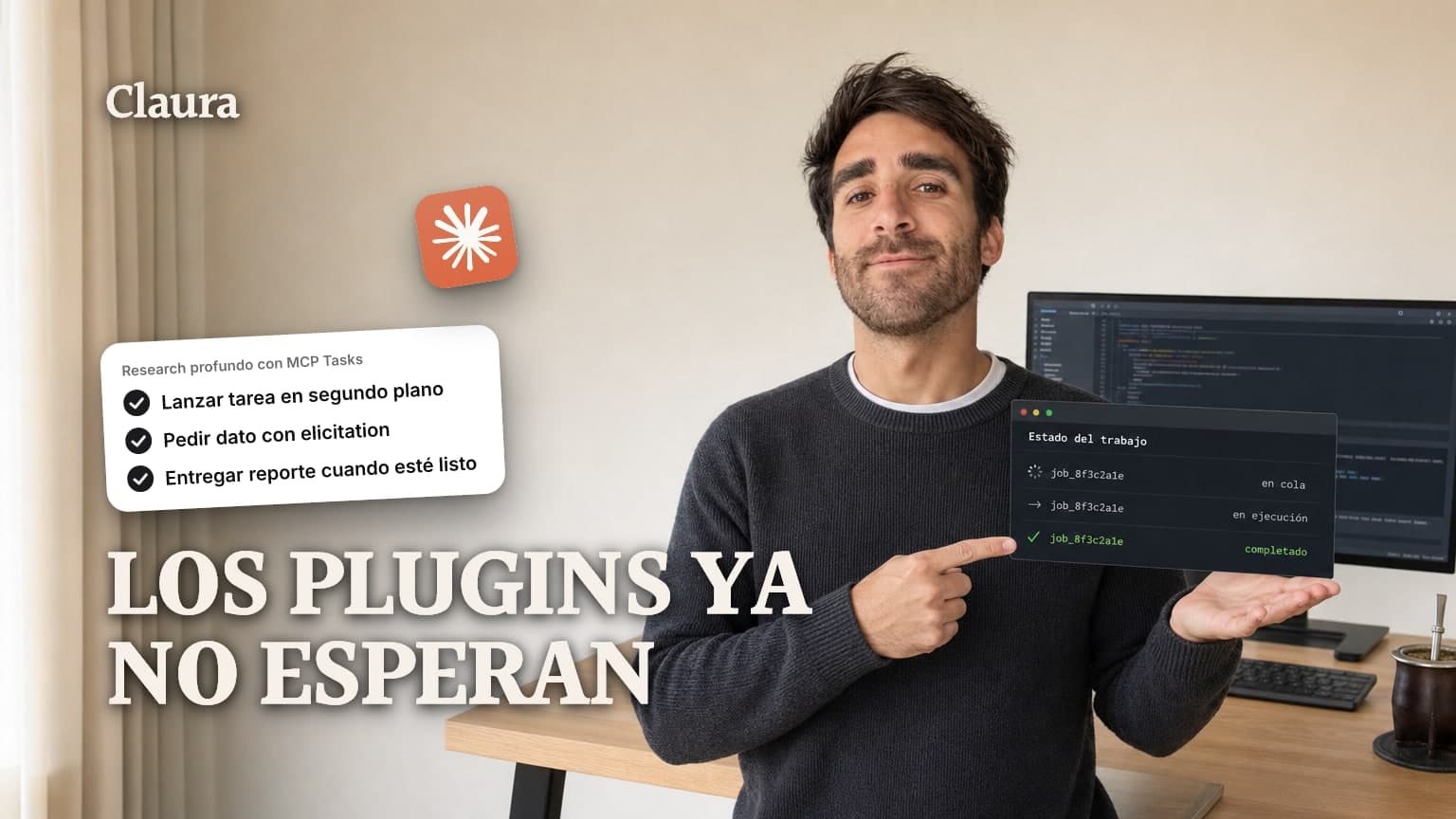 Mateo Caño señalando una terminal de Claude Code con un panel de tarea larga en estado en cola y luego lista