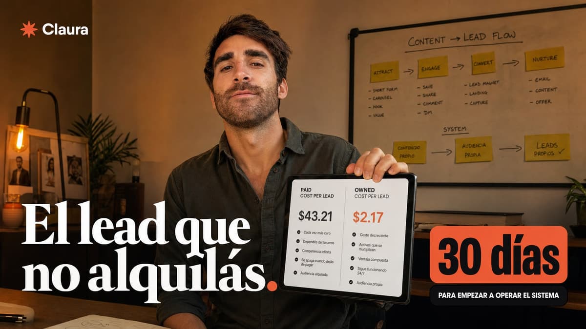 Mateo señalando un tablero con dos columnas, costo por lead pagado y costo por lead propio, en un estudio con luz cálida
