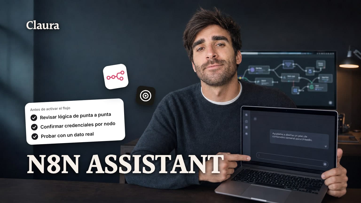 Mateo Caño frente a una laptop con un panel de chat, con un diagrama de flujo de nodos en un monitor de fondo