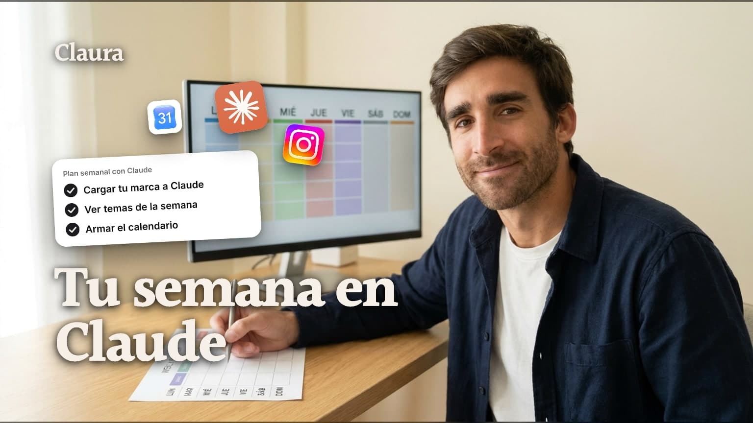 Mateo en su estudio con una planilla semanal impresa en la mano y un monitor con un calendario de contenido de colores detrás