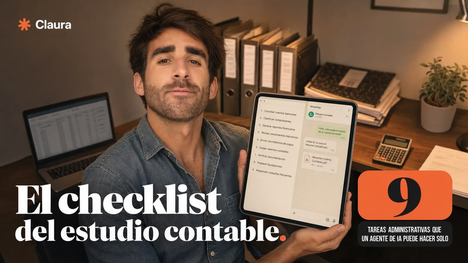 Mateo señalando una lista numerada de nueve tareas en una tablet, con una oficina de estudio contable de fondo