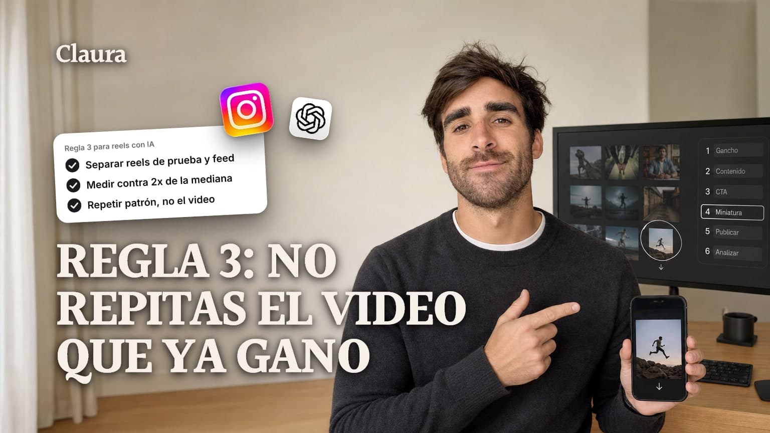 Mateo Caño con el celular en la mano frente a un monitor que muestra una grilla de posts con un thumbnail marcado