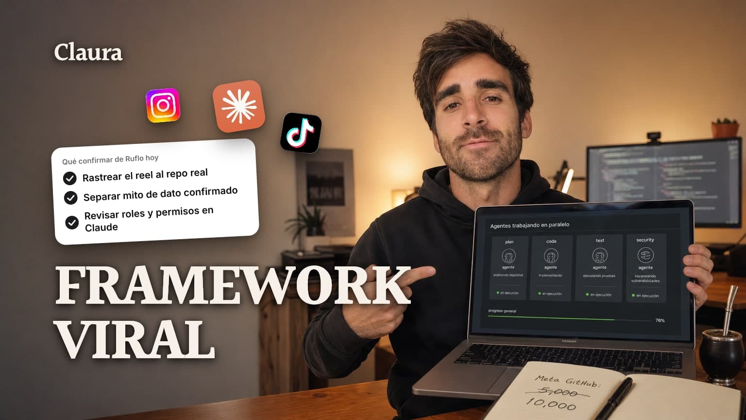 Mateo Caño frente a una laptop con un dashboard de agentes de Claude trabajando en paralelo