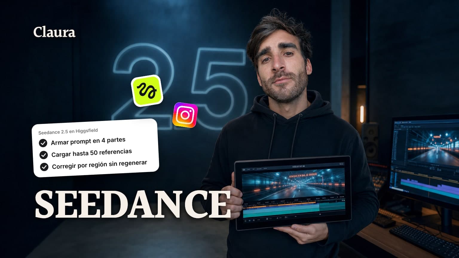 Mateo Caño de pie en un estudio oscuro con un gran 2.5 translúcido brillando detrás y un monitor que muestra una sola línea de video continua, sin cortes.