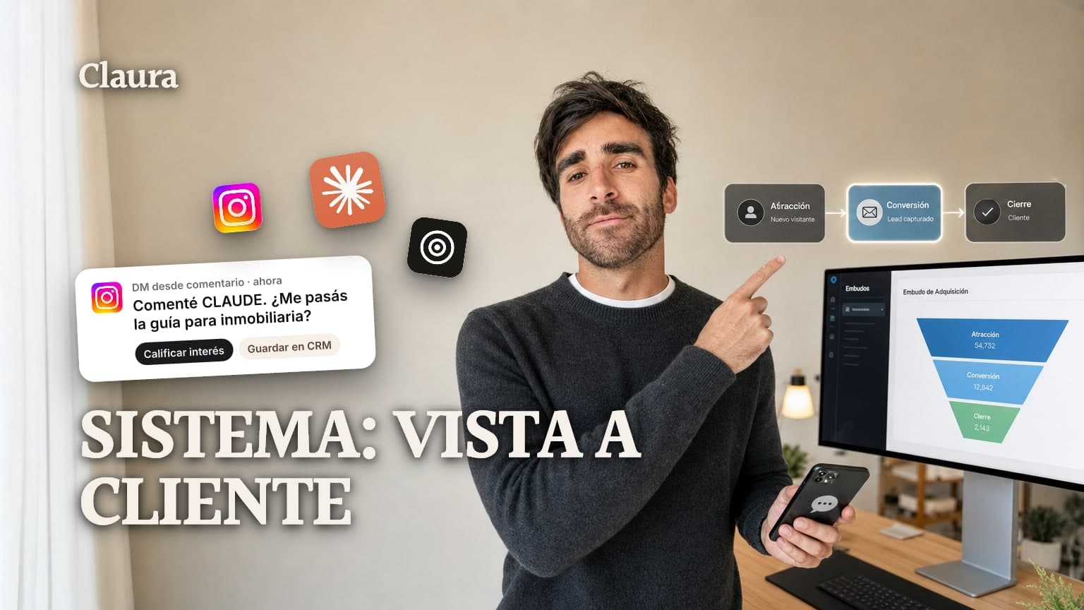 Mateo Caño señalando un flujo de comentario, DM y CRM en un monitor, representando el sistema para convertir vistas en clientes