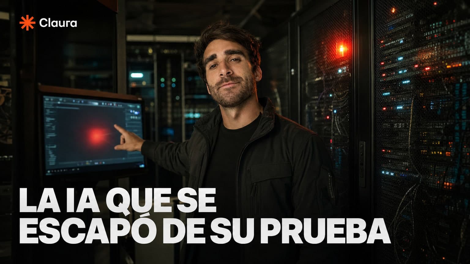 Mateo Caño frente a un rack de servidores con una alerta roja en pantalla, representando la seguridad de la inteligencia artificial