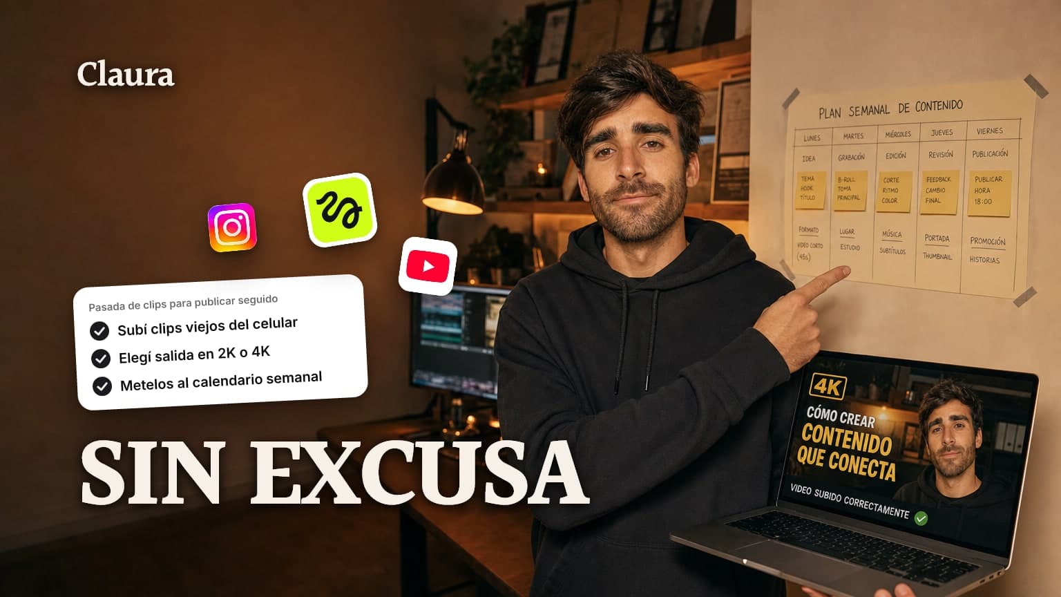 Mateo Caño en un escritorio de creador señalando un calendario de publicación semanal junto a una pantalla con un video subido a 4K.