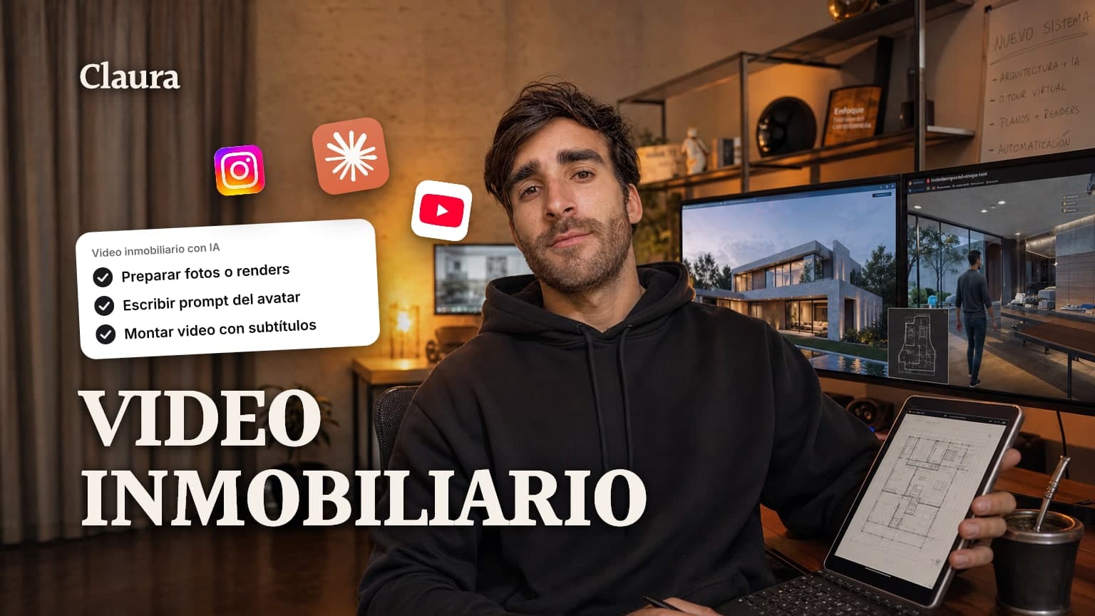 Mateo Caño sentado frente a dos pantallas, una con el render de una propiedad y otra con un avatar de IA recorriéndola.